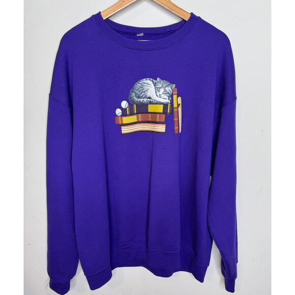 Vintagw Womens Cat Sweatshirt Purple 90S Athleisure No Tag - Picture 1 of 3